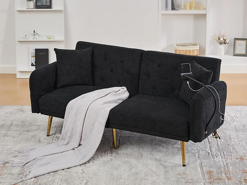 Canapé convertible 2 places en chenille - Ports USB intégré - Support de téléphone intégré - Dossier réglable - Noir - Pratique pour salon, chambre ou bureau