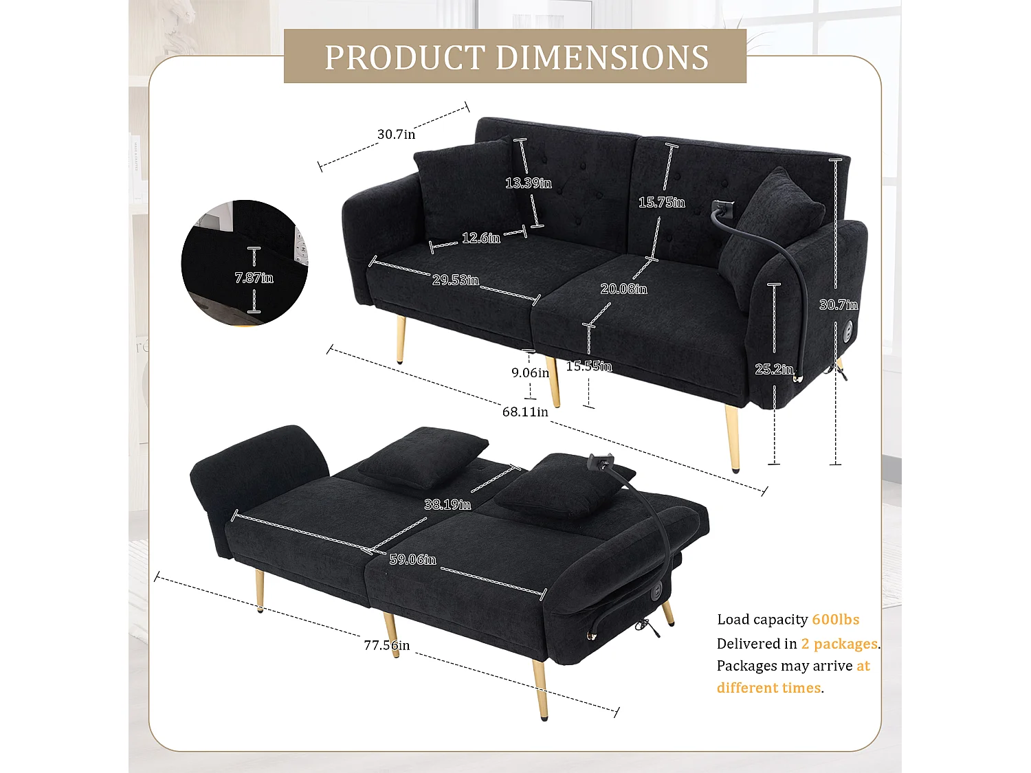 Canapé convertible 2 places en chenille - Ports USB intégré - Support de téléphone intégré - Dossier réglable - Noir - Pratique pour salon, chambre ou bureau