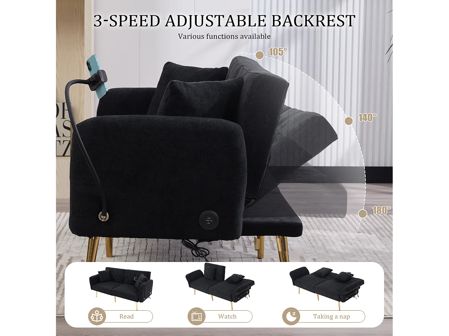 Canapé convertible 2 places en chenille - Ports USB intégré - Support de téléphone intégré - Dossier réglable - Noir - Pratique pour salon, chambre ou bureau