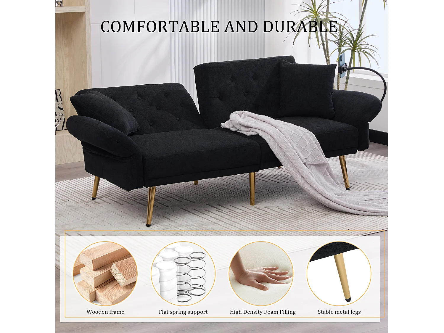 Canapé convertible 2 places en chenille - Ports USB intégré - Support de téléphone intégré - Dossier réglable - Noir - Pratique pour salon, chambre ou bureau