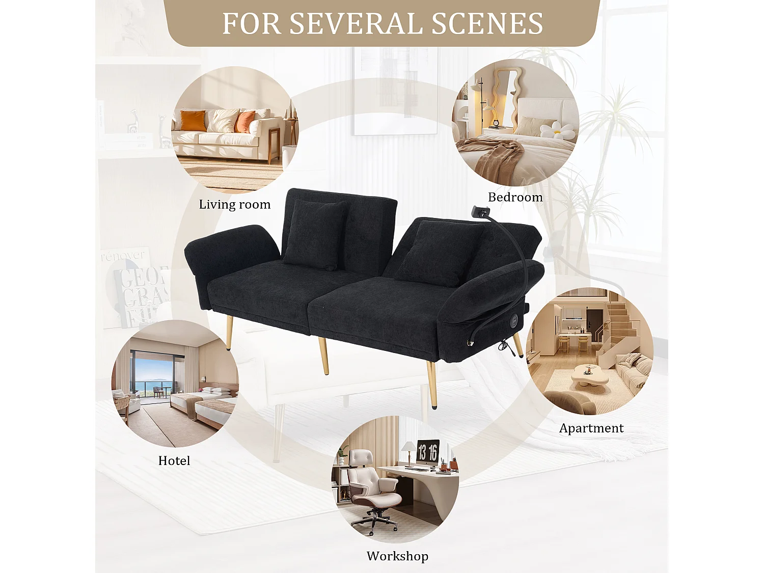 Canapé convertible 2 places en chenille - Ports USB intégré - Support de téléphone intégré - Dossier réglable - Noir - Pratique pour salon, chambre ou bureau