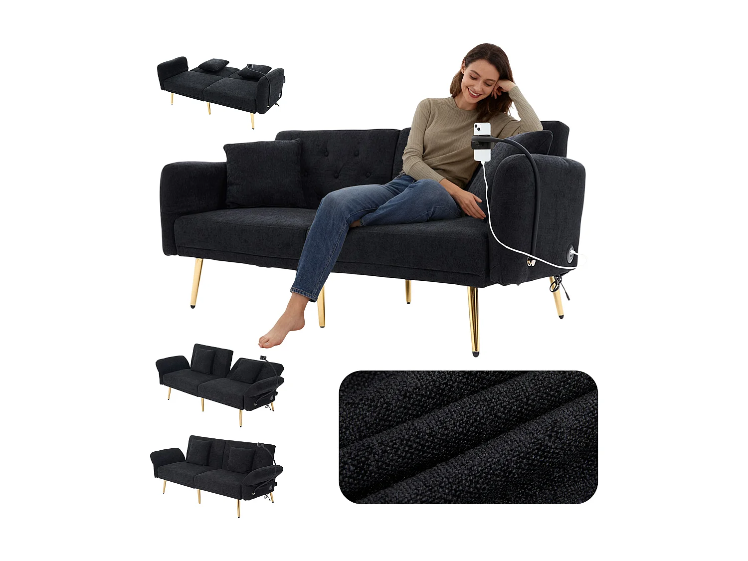 Canapé convertible 2 places en chenille - Ports USB intégré - Support de téléphone intégré - Dossier réglable - Noir - Pratique pour salon, chambre ou bureau