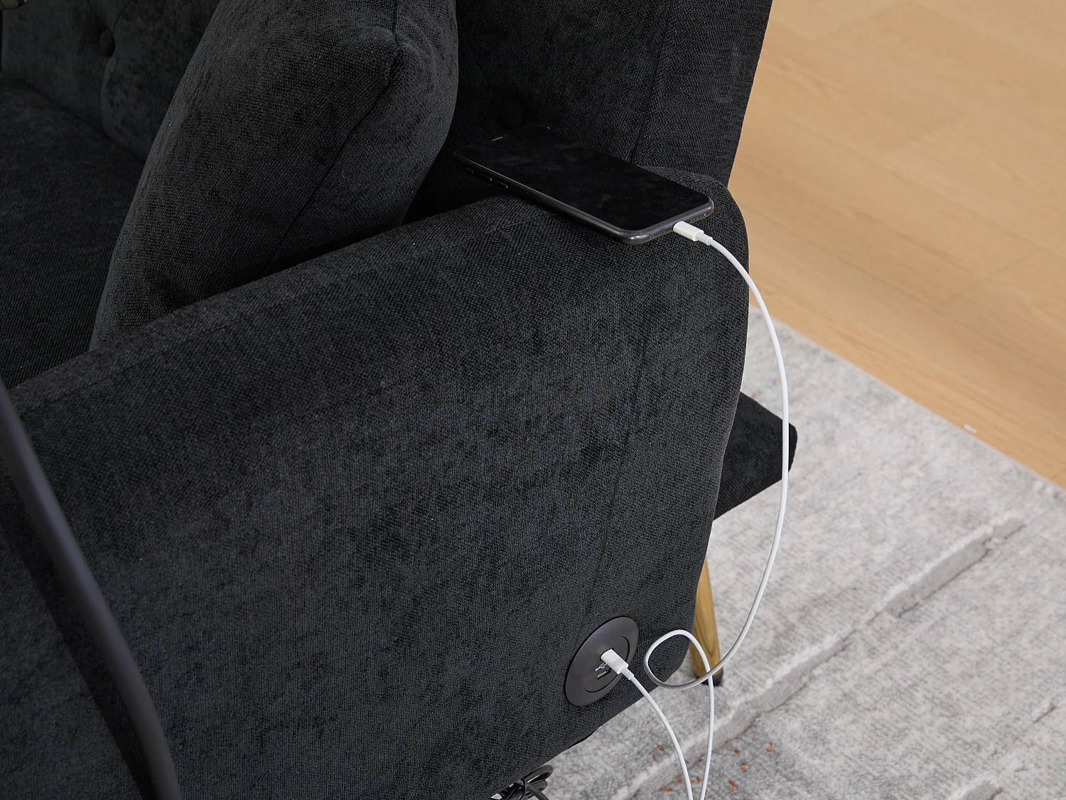 Canapé convertible 2 places en chenille - Ports USB intégré - Support de téléphone intégré - Dossier réglable - Noir - Pratique pour salon, chambre ou bureau