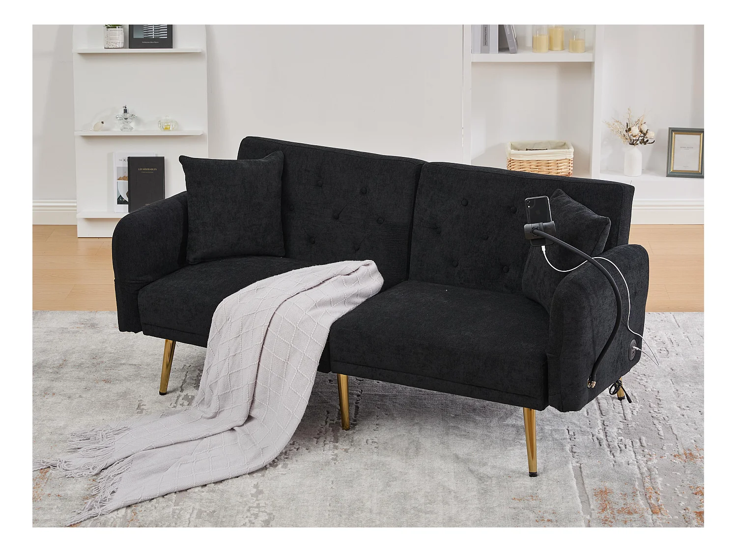 Canapé convertible 2 places en chenille - Ports USB intégré - Support de téléphone intégré - Dossier réglable - Noir - Pratique pour salon, chambre ou bureau