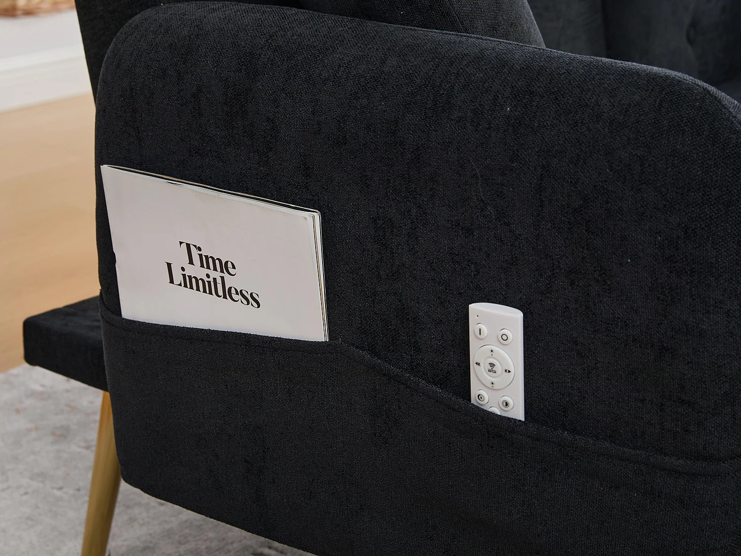 Canapé convertible 2 places en chenille - Ports USB intégré - Support de téléphone intégré - Dossier réglable - Noir - Pratique pour salon, chambre ou bureau