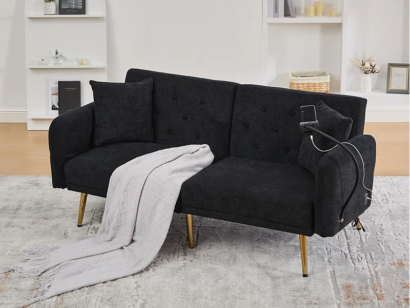 Canapé convertible 2 places en chenille - Ports USB intégré - Support de téléphone intégré - Dossier réglable - Noir - Pratique pour salon, chambre ou bureau