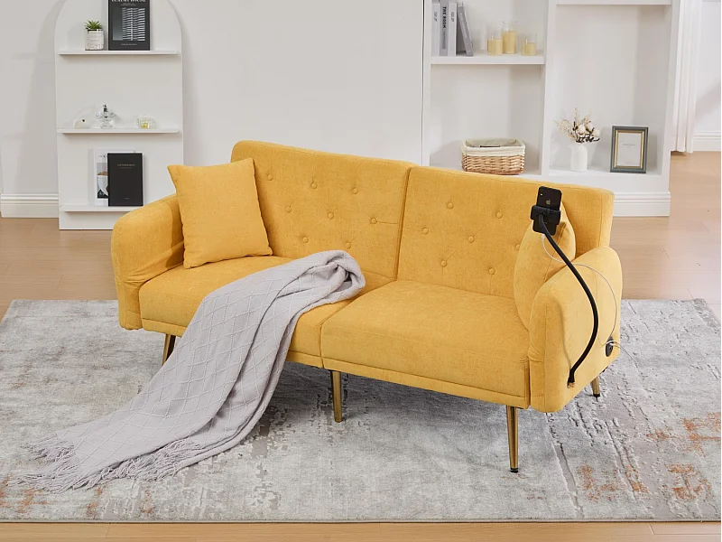 2-zits chenille slaapbank - Ingebouwde USB-poorten - Ingebouwde telefoonhouder - Verstelbare rugleuning - Voor woonkamer, slaapkamer of kantoor