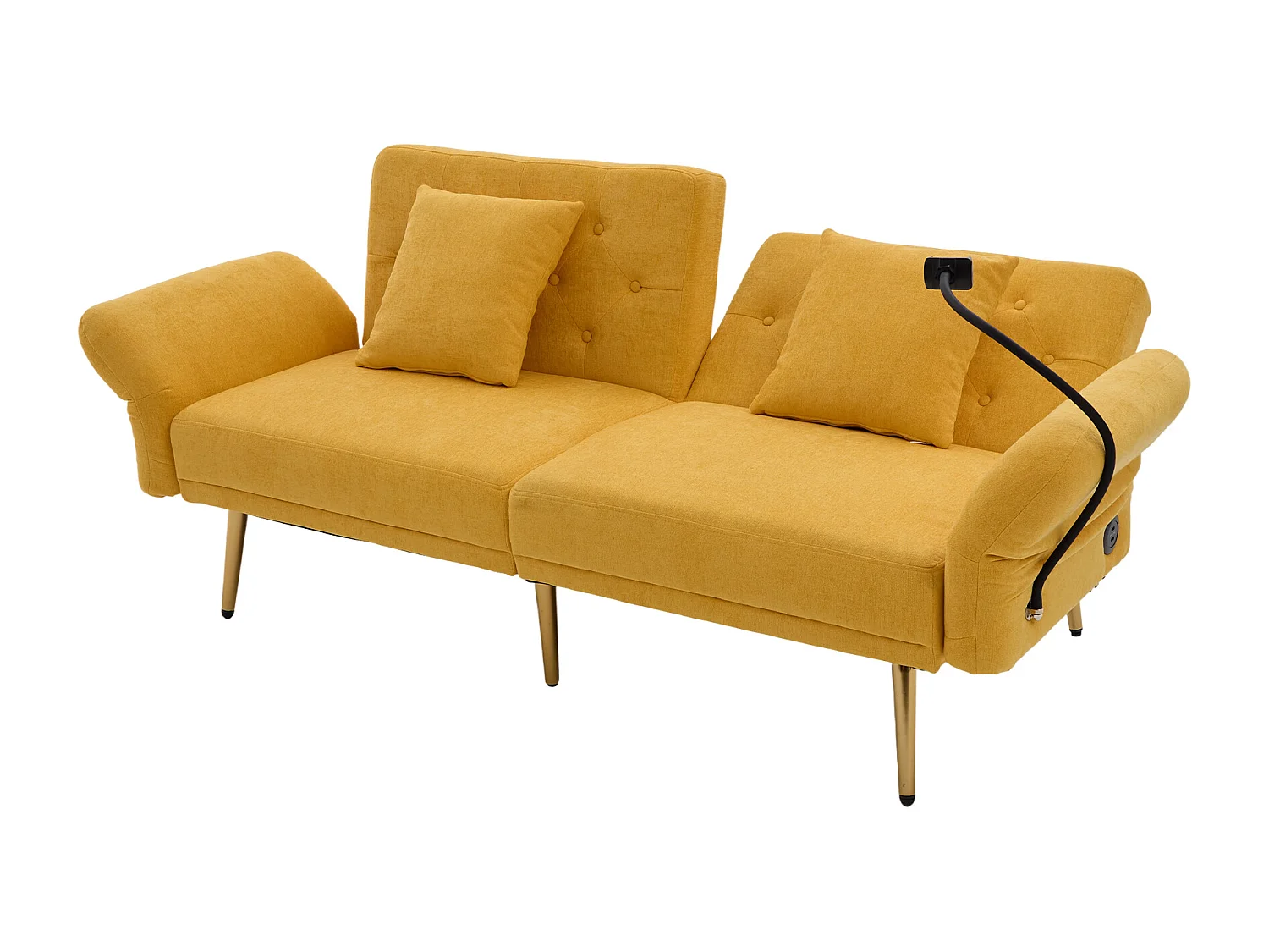 Canapé convertible 2 places en chenille - Ports USB intégré - Support de téléphone intégré - Dossier réglable - Jaune - Pratique pour salon, chambre ou bureau