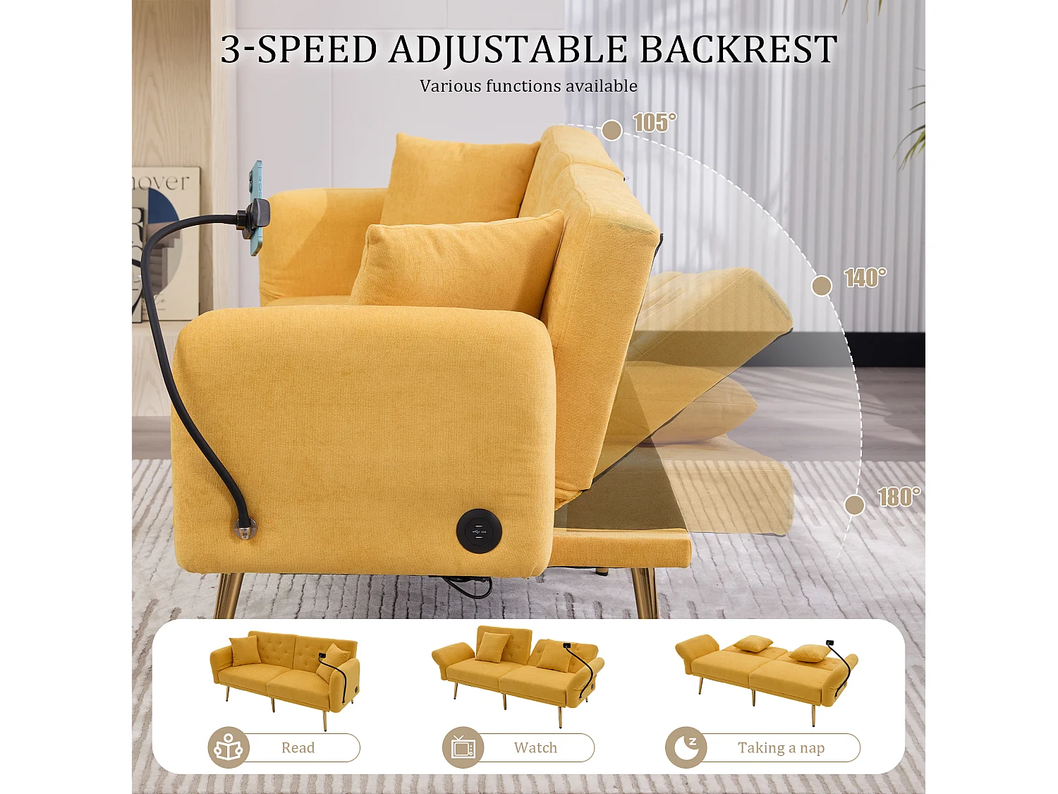 Canapé convertible 2 places en chenille - Ports USB intégré - Support de téléphone intégré - Dossier réglable - Jaune - Pratique pour salon, chambre ou bureau