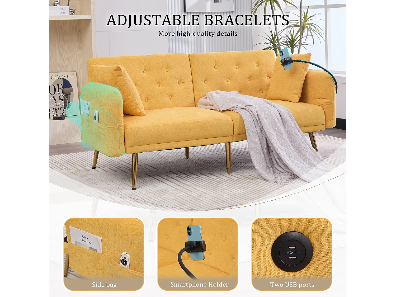 Canapé convertible 2 places en chenille - Ports USB intégré - Support de téléphone intégré - Dossier réglable - Jaune - Pratique pour salon, chambre ou bureau
