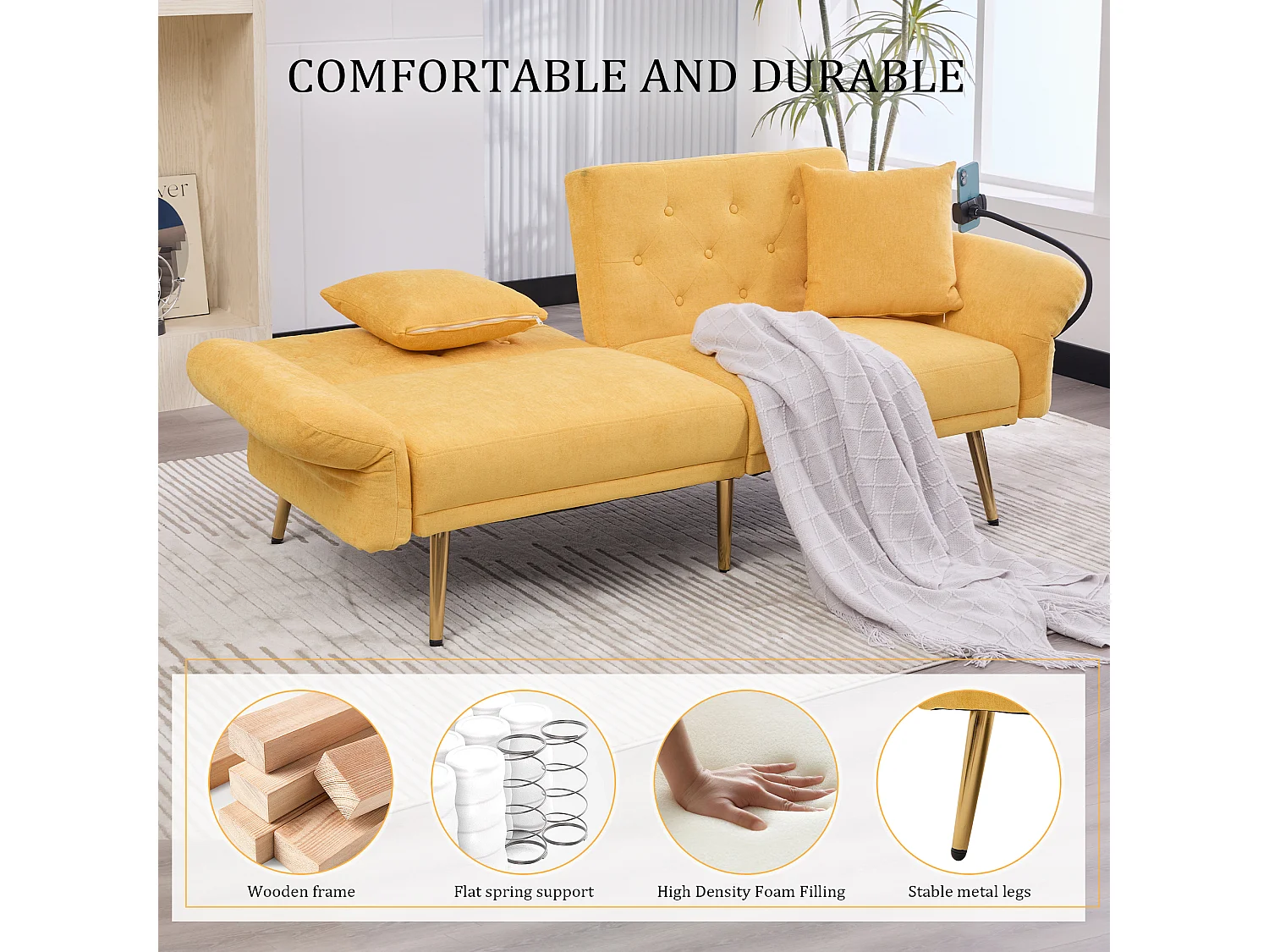 Canapé convertible 2 places en chenille - Ports USB intégré - Support de téléphone intégré - Dossier réglable - Jaune - Pratique pour salon, chambre ou bureau