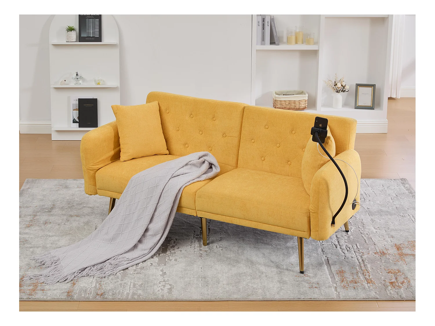Canapé convertible 2 places en chenille - Ports USB intégré - Support de téléphone intégré - Dossier réglable - Jaune - Pratique pour salon, chambre ou bureau