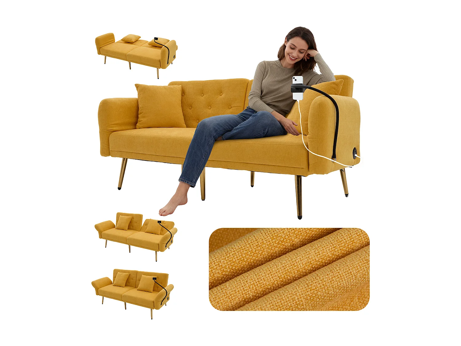 Canapé convertible 2 places en chenille - Ports USB intégré - Support de téléphone intégré - Dossier réglable - Jaune - Pratique pour salon, chambre ou bureau