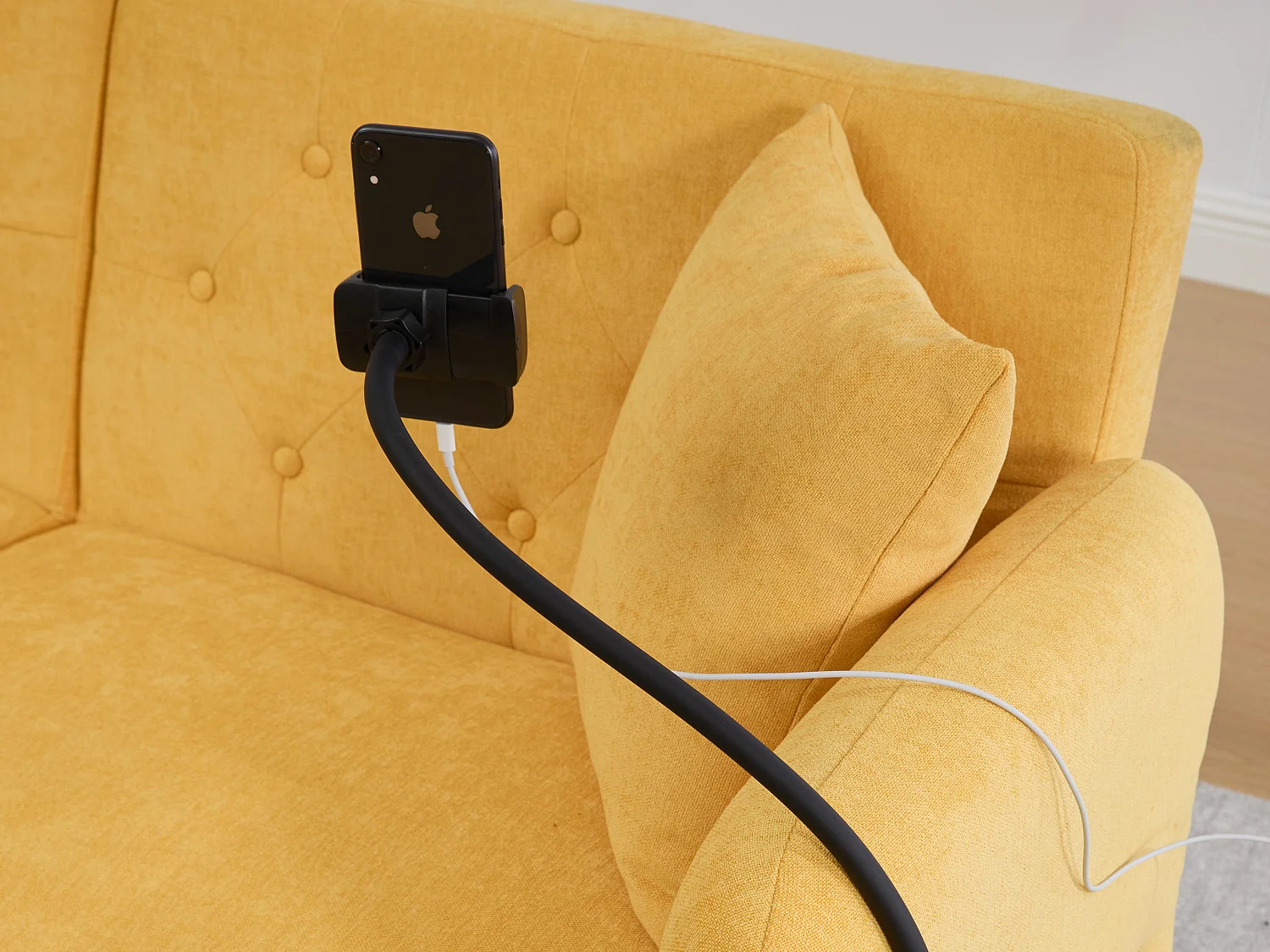 Canapé convertible 2 places en chenille - Ports USB intégré - Support de téléphone intégré - Dossier réglable - Jaune - Pratique pour salon, chambre ou bureau