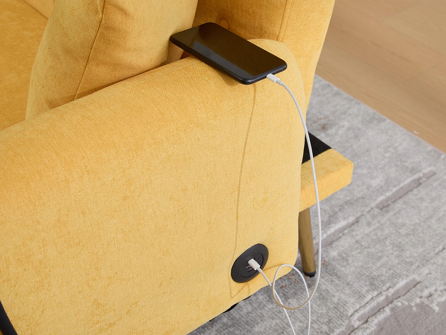 Canapé convertible 2 places en chenille - Ports USB intégré - Support de téléphone intégré - Dossier réglable - Jaune - Pratique pour salon, chambre ou bureau