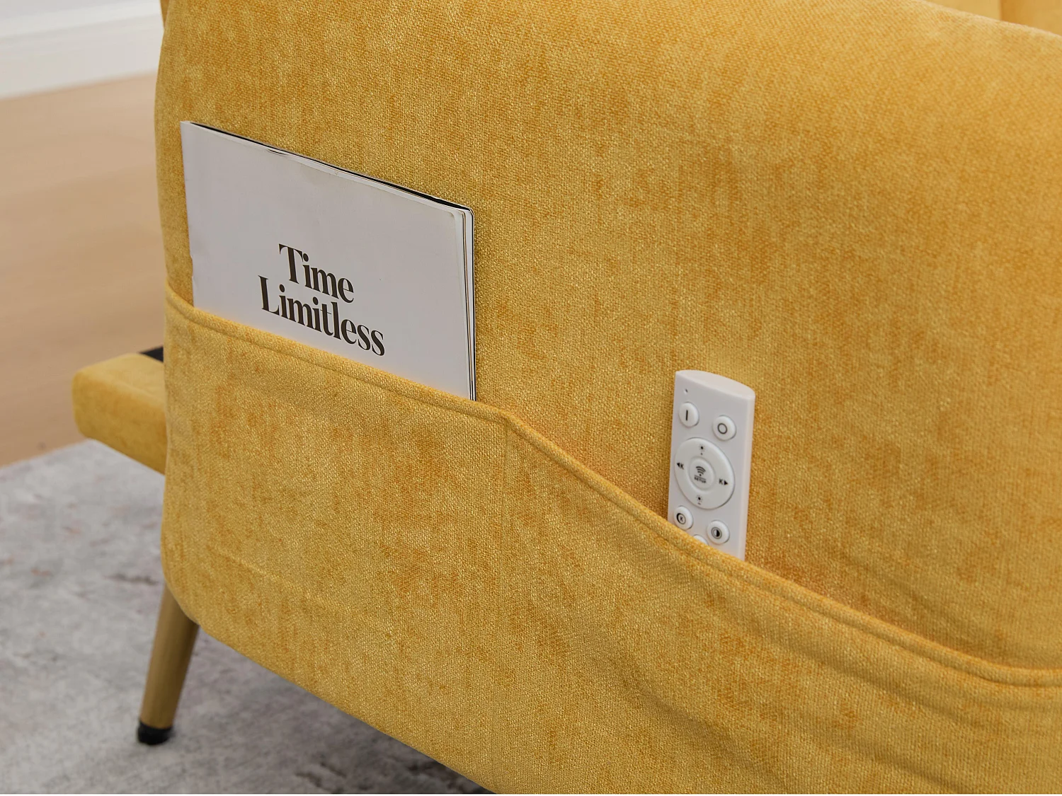 Canapé convertible 2 places en chenille - Ports USB intégré - Support de téléphone intégré - Dossier réglable - Jaune - Pratique pour salon, chambre ou bureau