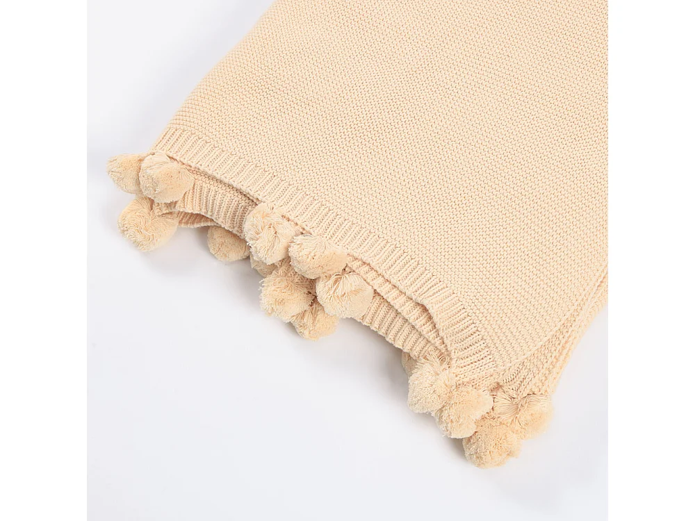 Home Deluxe Couverture en coton avec pompons ELIA Beige - 140 x 200 cm