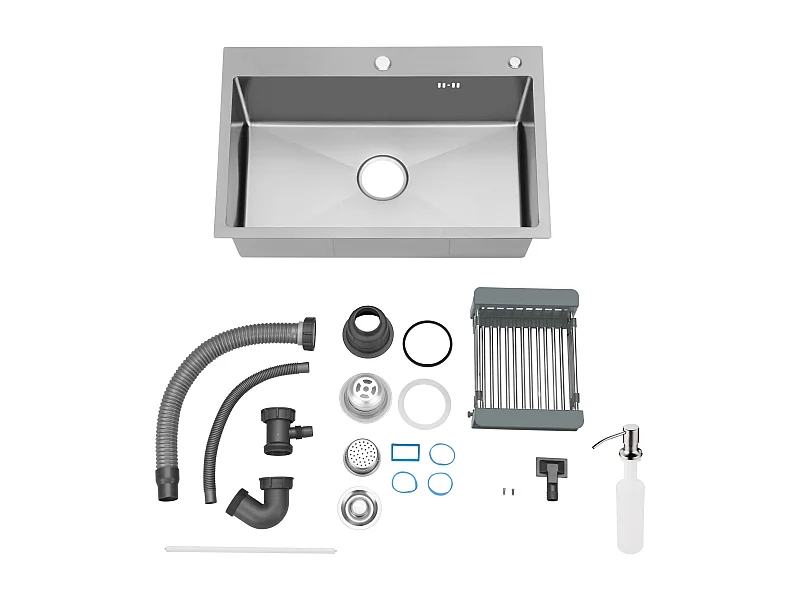 Évier de cuisine, cuve simple, 68 x 45 cm, évier en acier inoxydable à cuve simple avec filtre de vidange, robinet et trous de fixation pour distributeur de savon