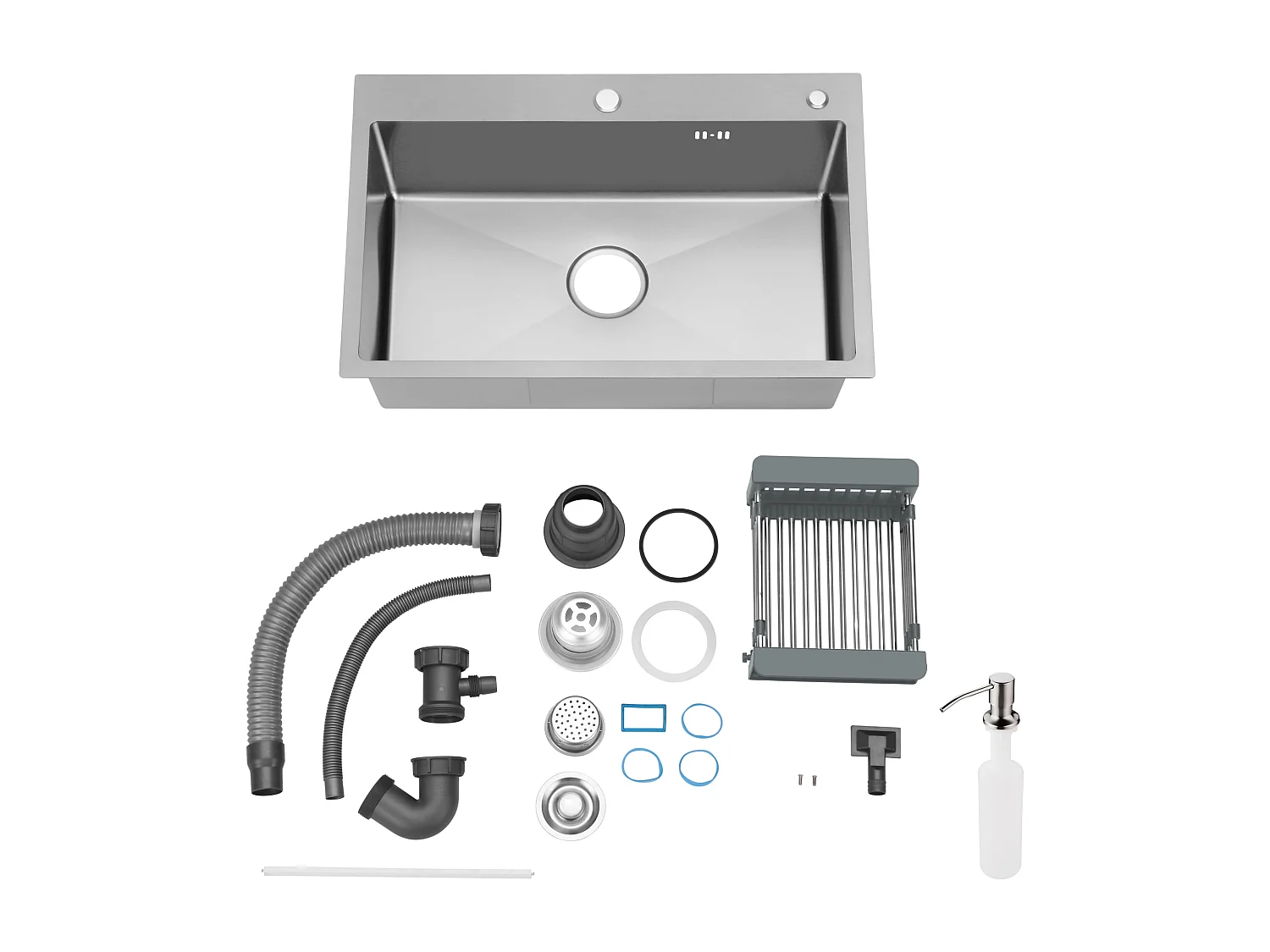 Évier de cuisine, cuve simple, 68 x 45 cm, évier en acier inoxydable à cuve simple avec filtre de vidange, robinet et trous de fixation pour distributeur de savon