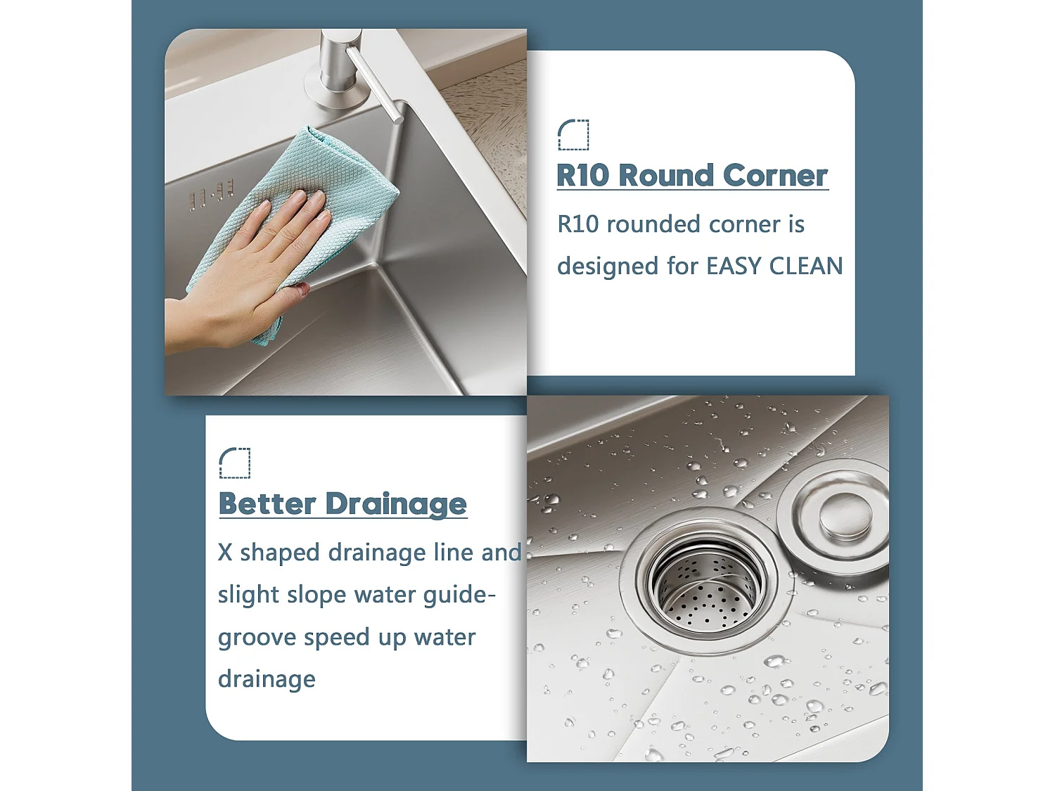 Évier de cuisine, cuve simple, 68 x 45 cm, évier en acier inoxydable à cuve simple avec filtre de vidange, robinet et trous de fixation pour distributeur de savon