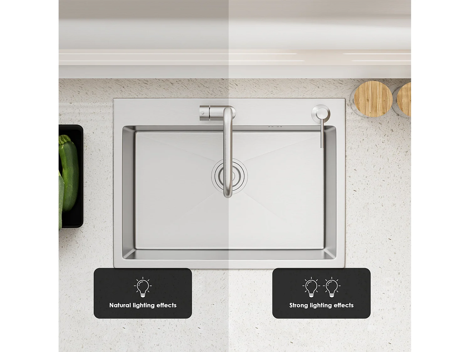 Évier de cuisine, cuve simple, 68 x 45 cm, évier en acier inoxydable à cuve simple avec filtre de vidange, robinet et trous de fixation pour distributeur de savon