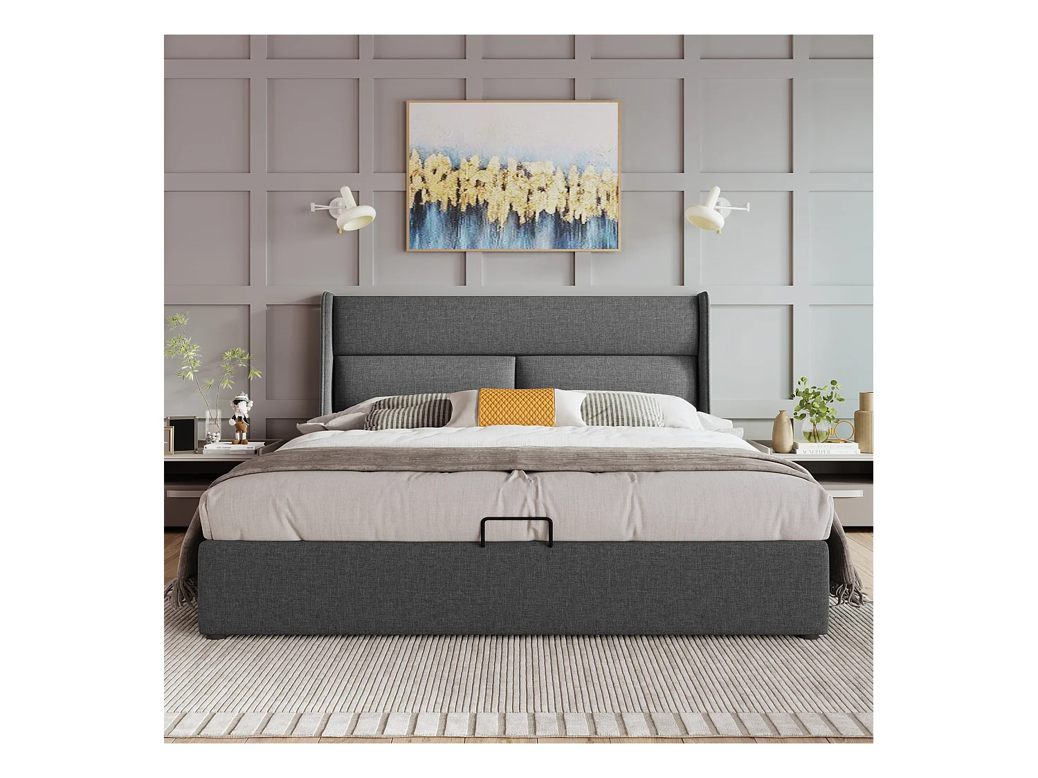 Lit double 160x200 cm avec têtière réglable et rangement pratique en lin gris