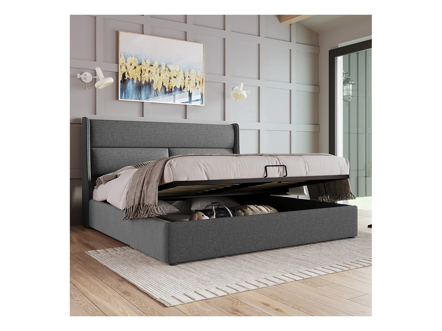 Lit double 160x200 cm avec têtière réglable et rangement pratique en lin gris