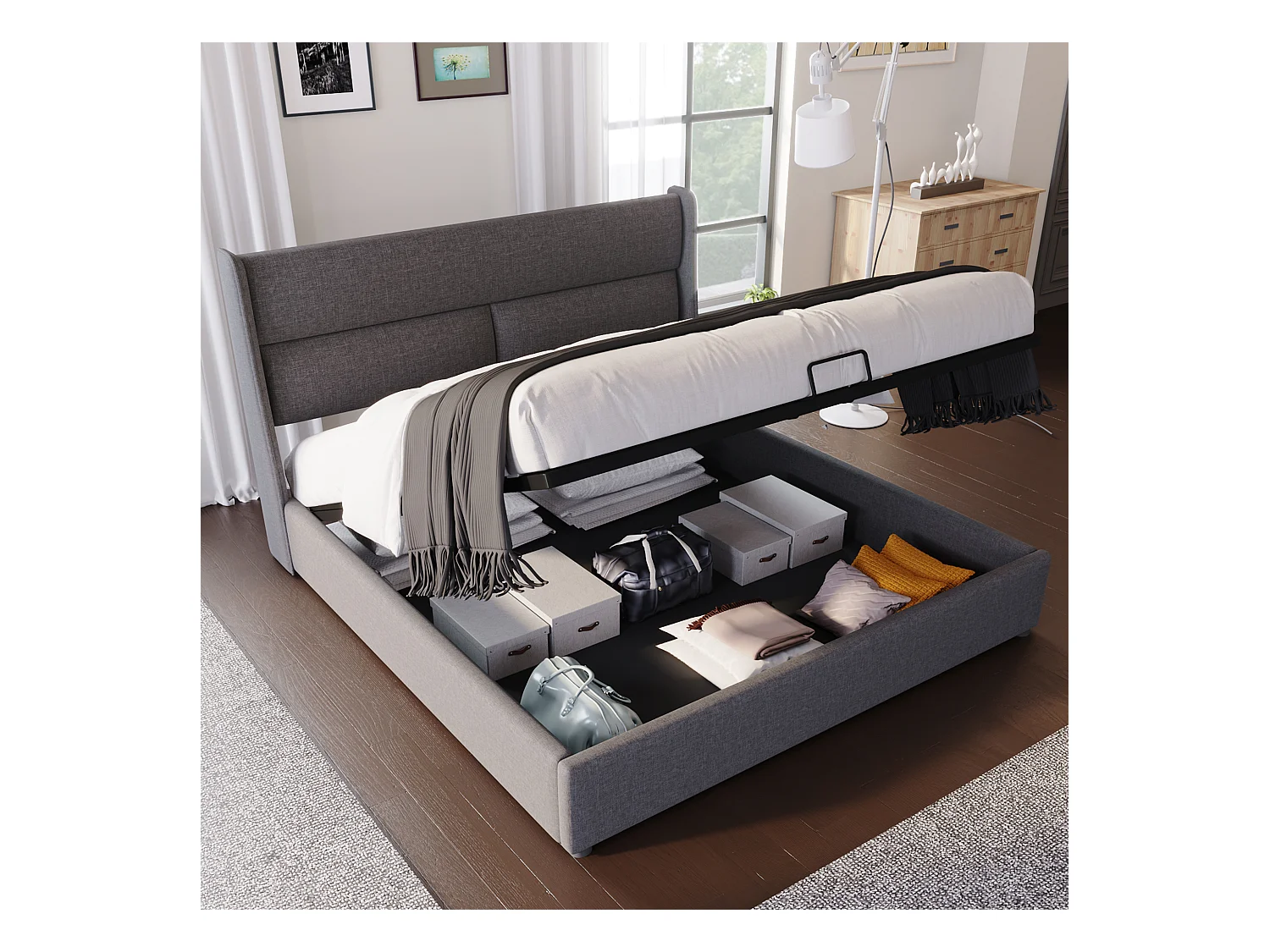 Lit double 160x200 cm avec têtière réglable et rangement pratique en lin gris