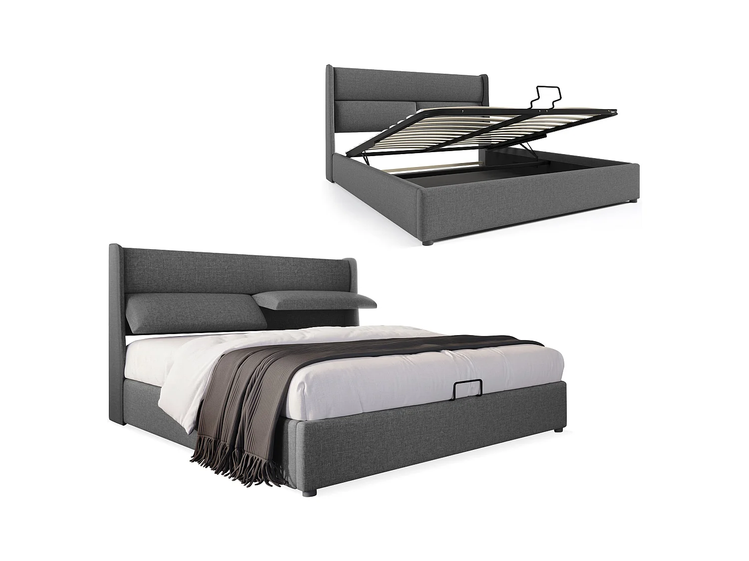 Lit double 160x200 cm avec têtière réglable et rangement pratique en lin gris