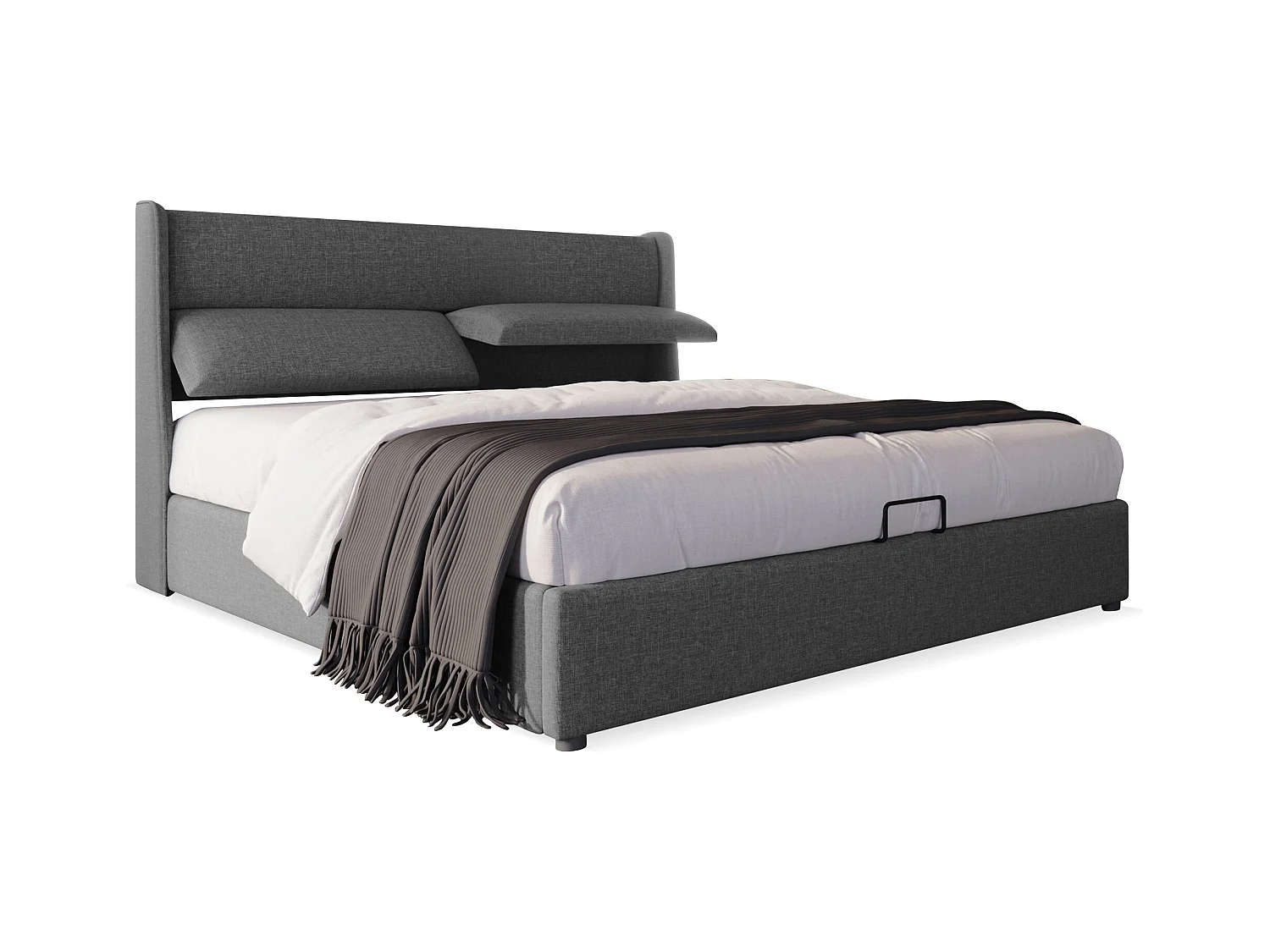 Lit double 160x200 cm avec têtière réglable et rangement pratique en lin gris