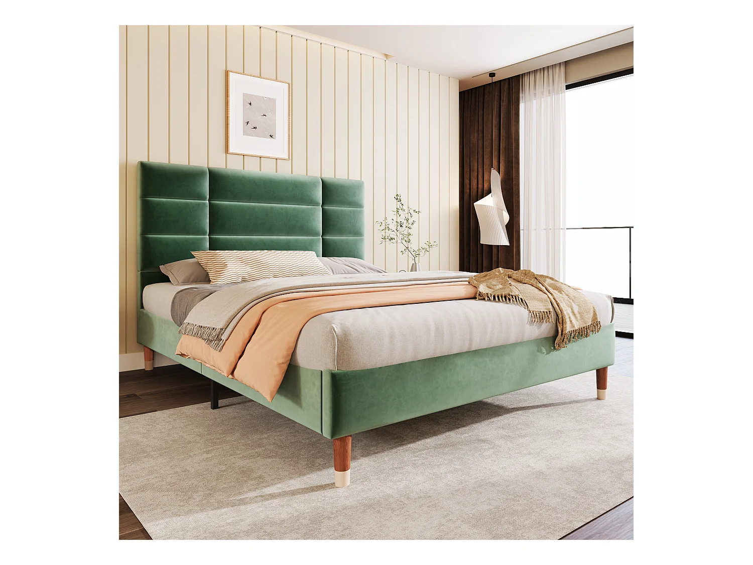 Lit double en velours vert 140x200 cm avec tête de lit et sommier, design moderne et élégant