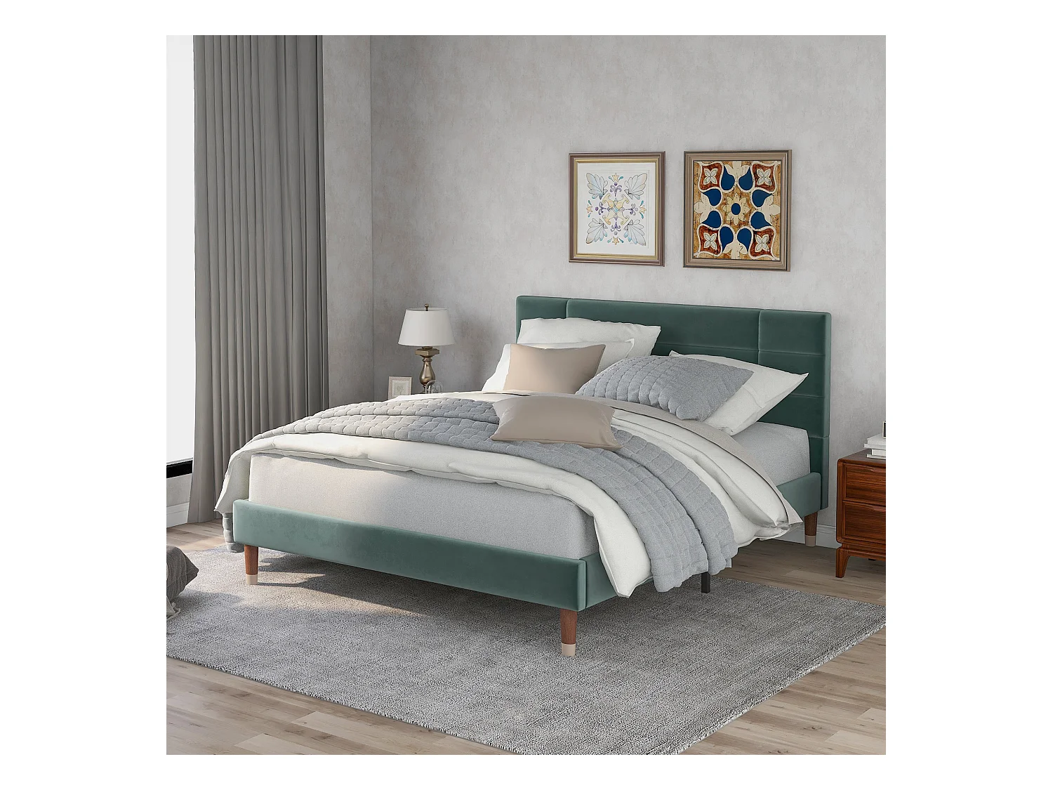 Lit double en velours vert 140x200 cm avec tête de lit et sommier, design moderne et élégant