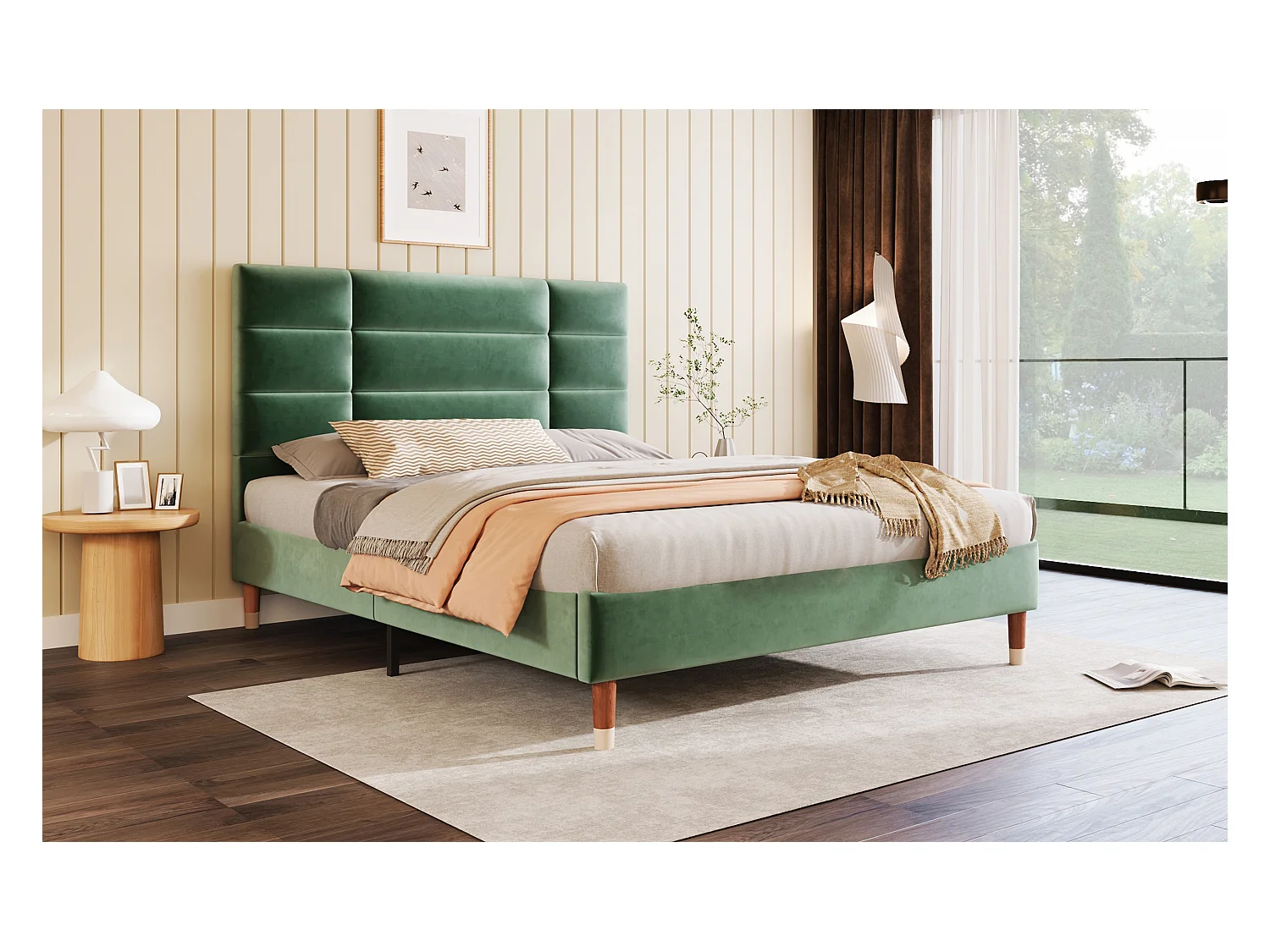 Lit double en velours vert 140x200 cm avec tête de lit et sommier, design moderne et élégant