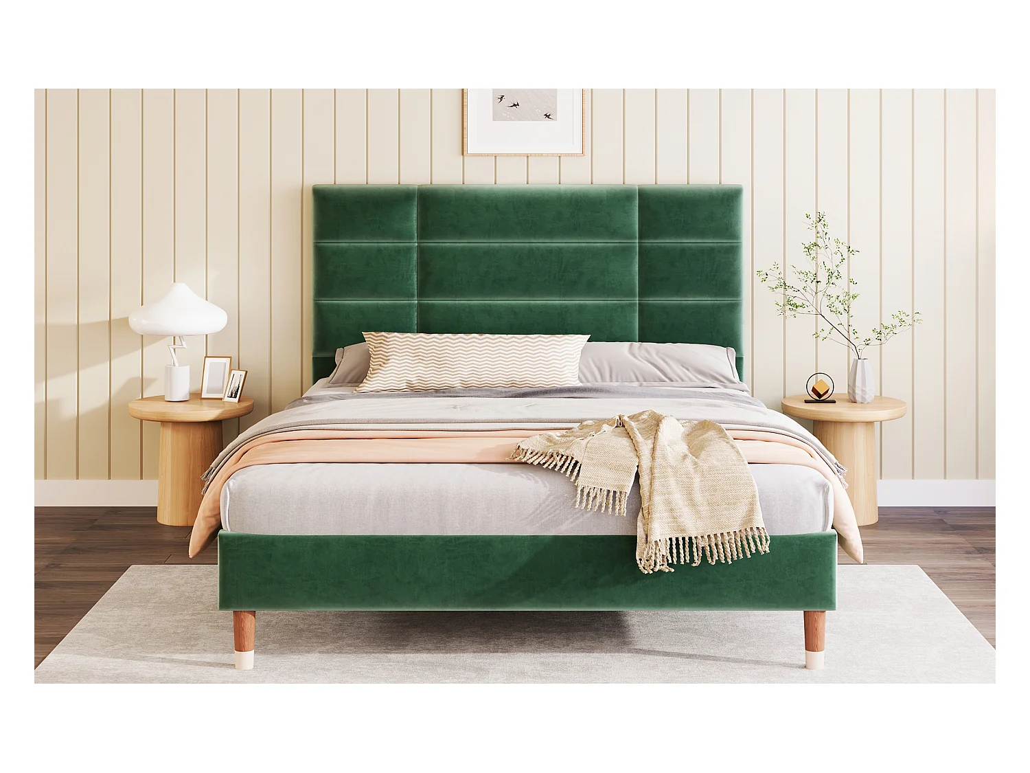 Lit double en velours vert 140x200 cm avec tête de lit et sommier, design moderne et élégant