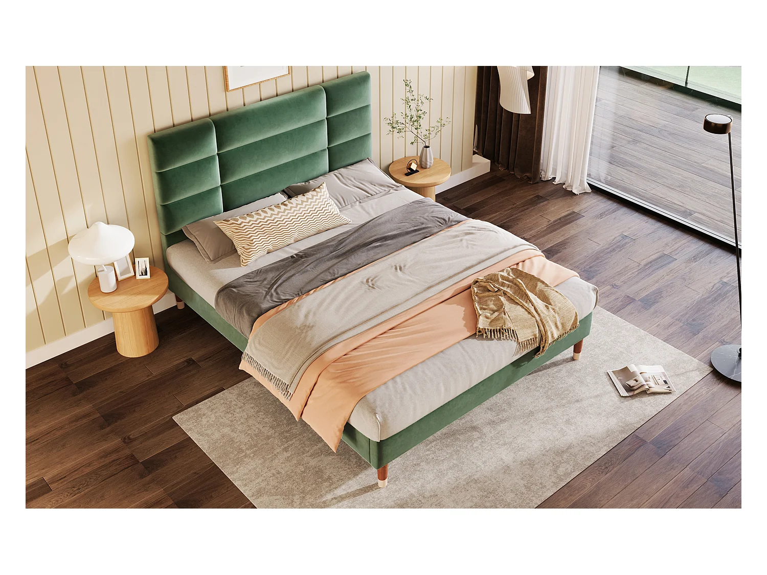 Lit double en velours vert 140x200 cm avec tête de lit et sommier, design moderne et élégant