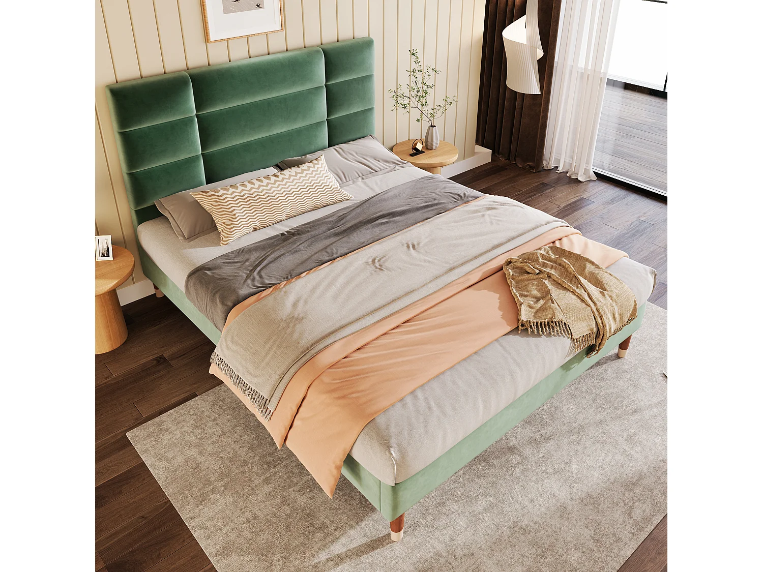 Lit double en velours vert 140x200 cm avec tête de lit et sommier, design moderne et élégant
