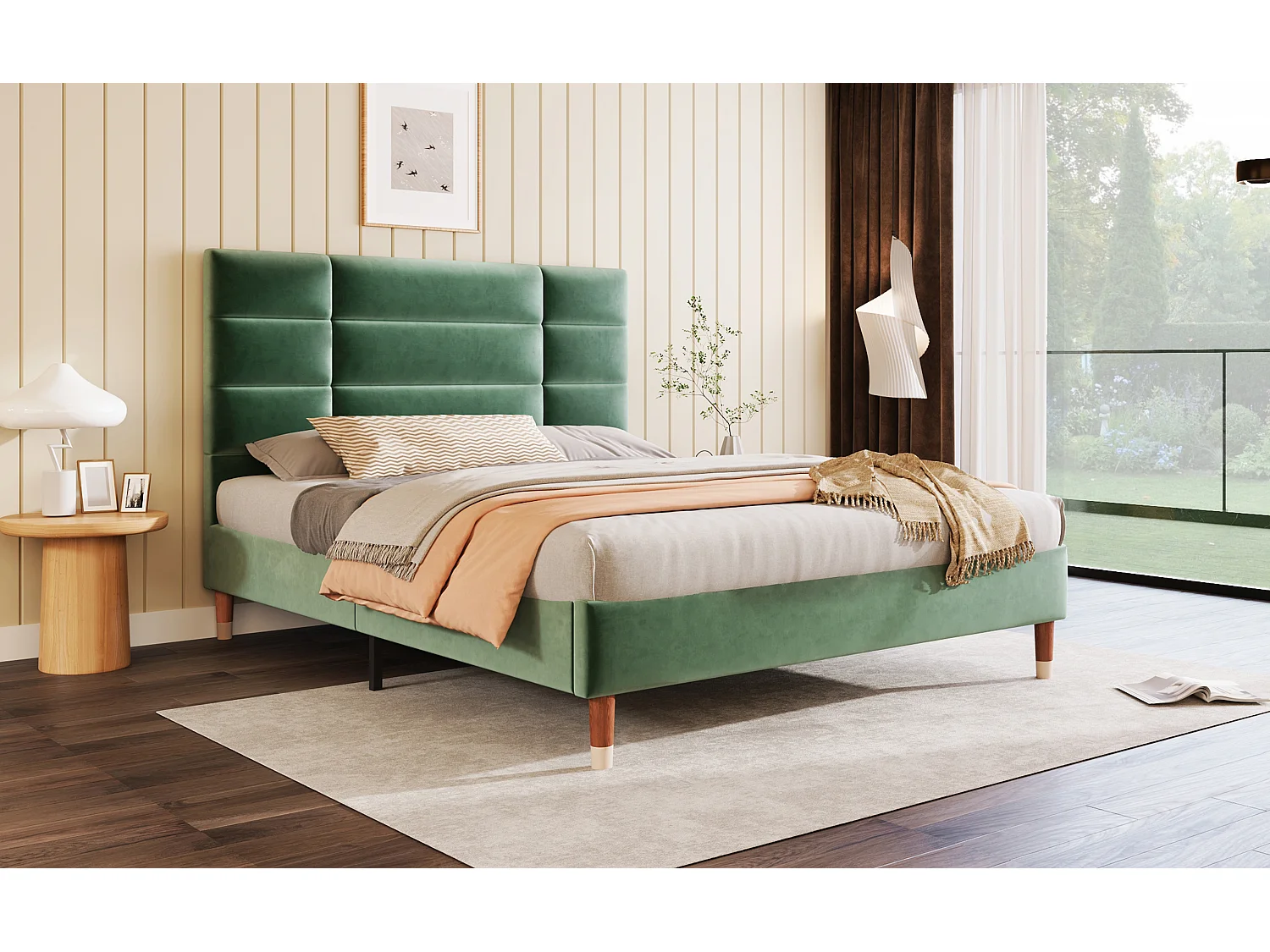 Lit double en velours vert 140x200 cm avec tête de lit et sommier, design moderne et élégant
