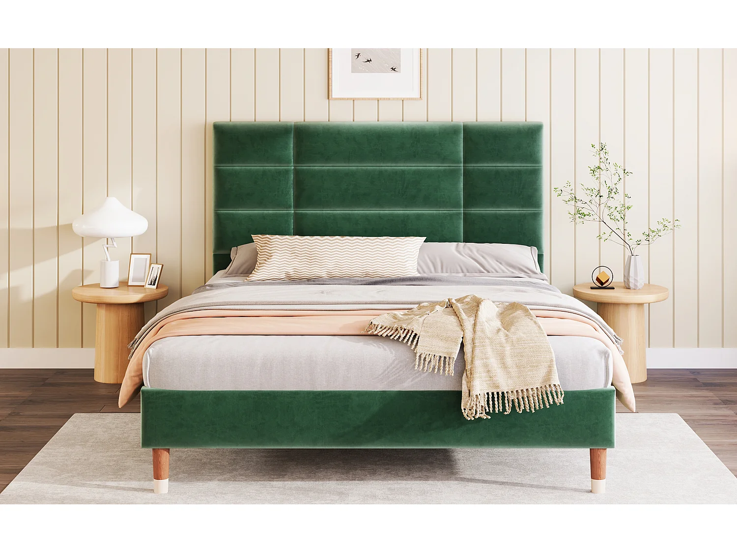 Lit double en velours vert 140x200 cm avec tête de lit et sommier, design moderne et élégant