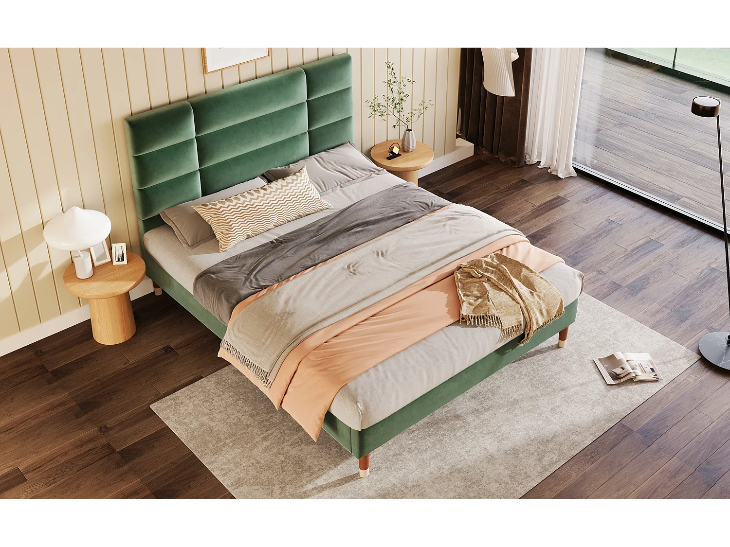 Lit double en velours vert 140x200 cm avec tête de lit et sommier, design moderne et élégant