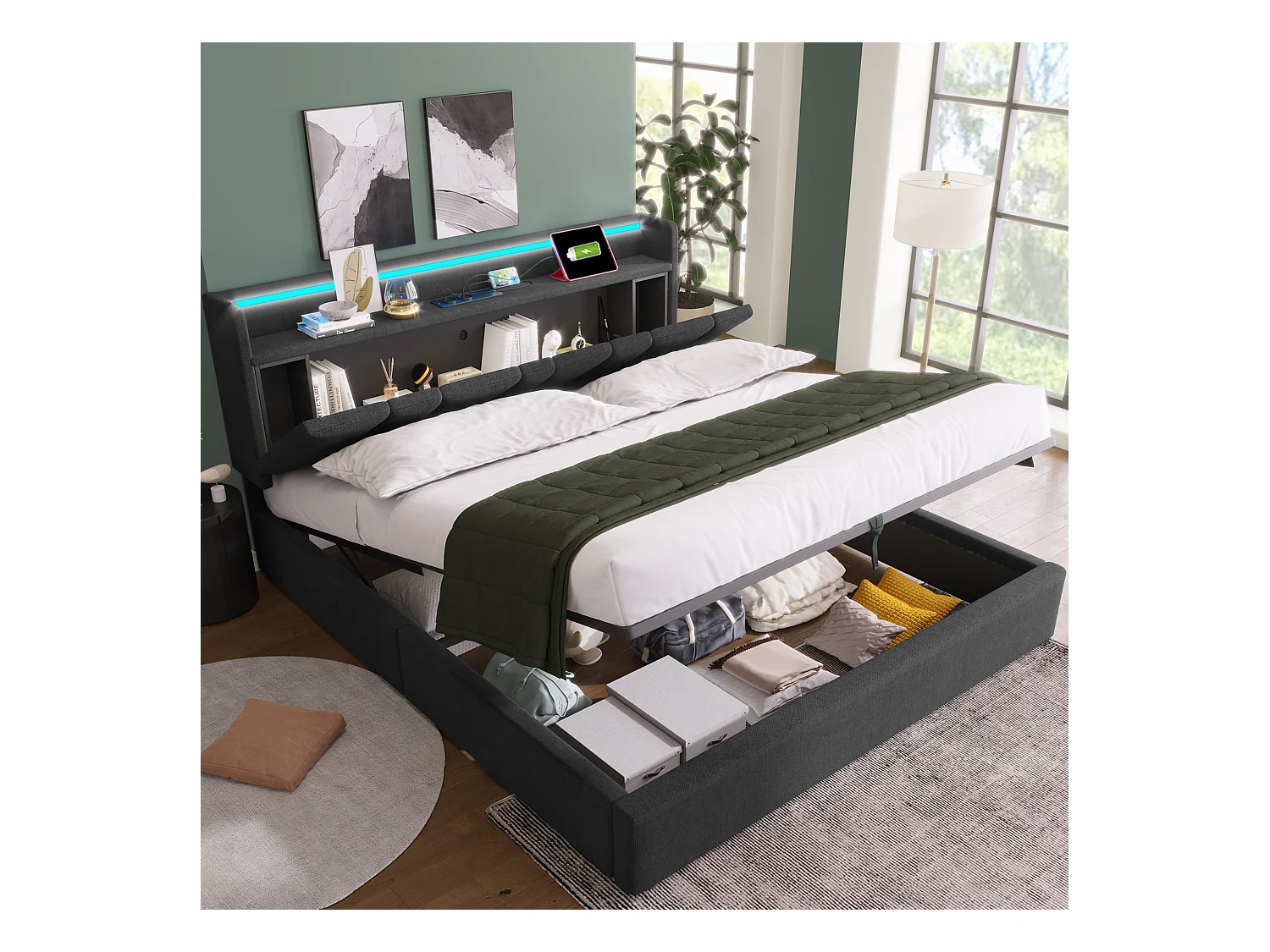 Lit double 160x200 cm avec tête de lit de rangement, prises USB et éclairage LED RGBW