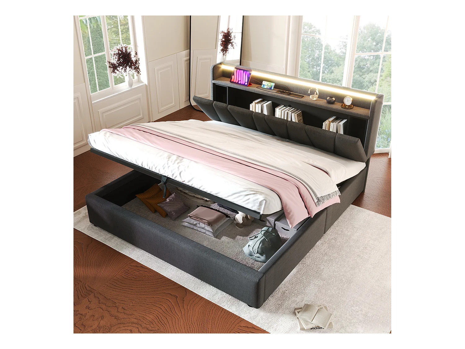 Lit double 160x200 cm avec tête de lit de rangement, prises USB et éclairage LED RGBW