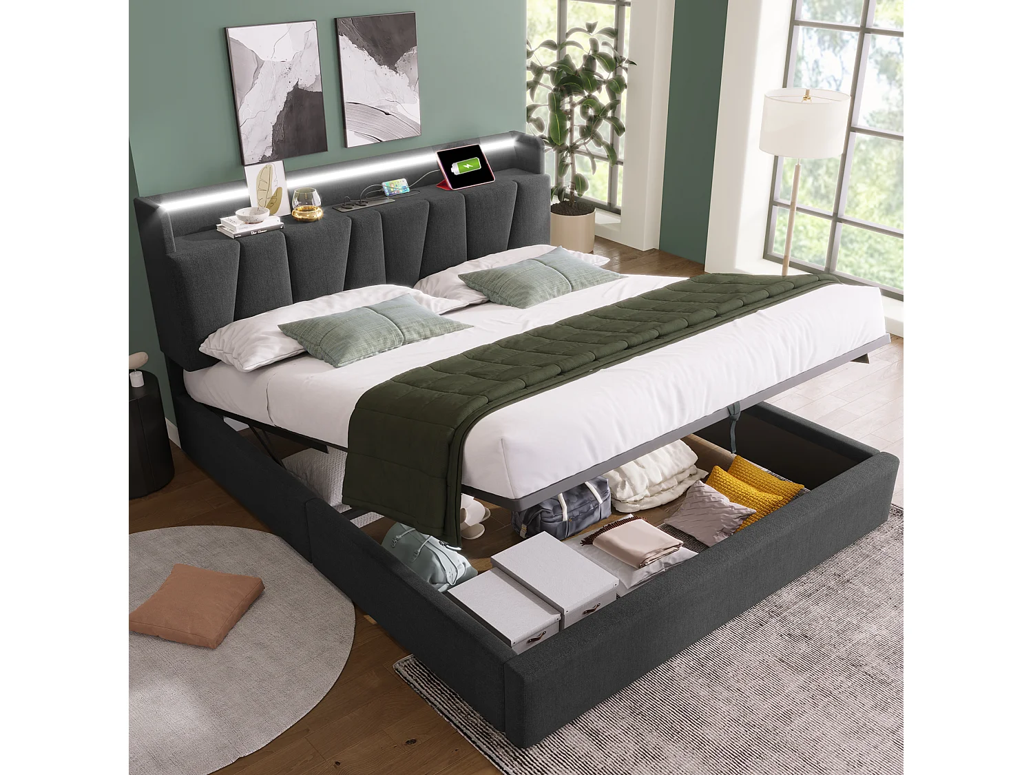 Lit double 160x200 cm avec tête de lit de rangement, prises USB et éclairage LED RGBW