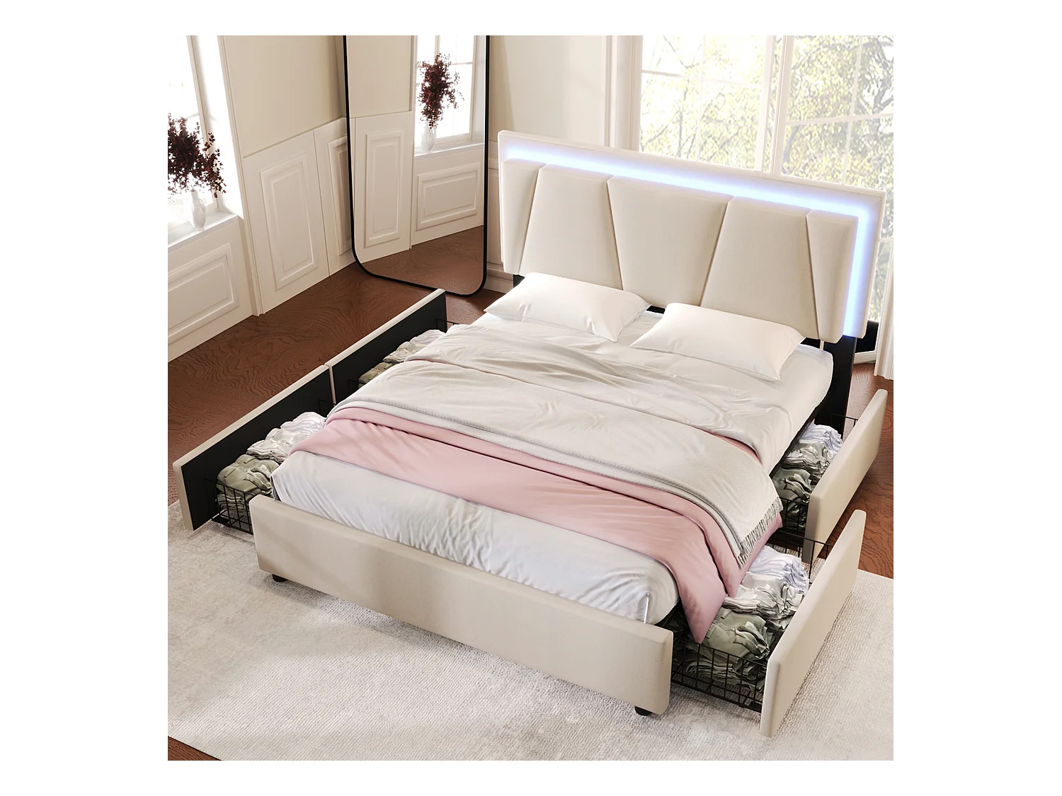 Lit double 160x200 cm en beige avec éclairage LED et 4 tiroirs, tête de lit réglable