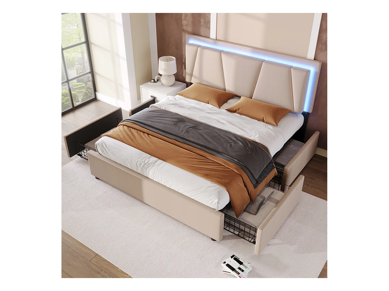 Lit double 160x200 cm en beige avec éclairage LED et 4 tiroirs, tête de lit réglable