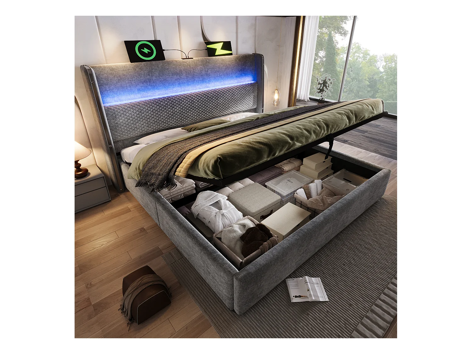 Cama de armazenamento hidráulica com cabeceira + LEDs e portas USB/Tipo C - 160 x 200 cm - linho - cinza