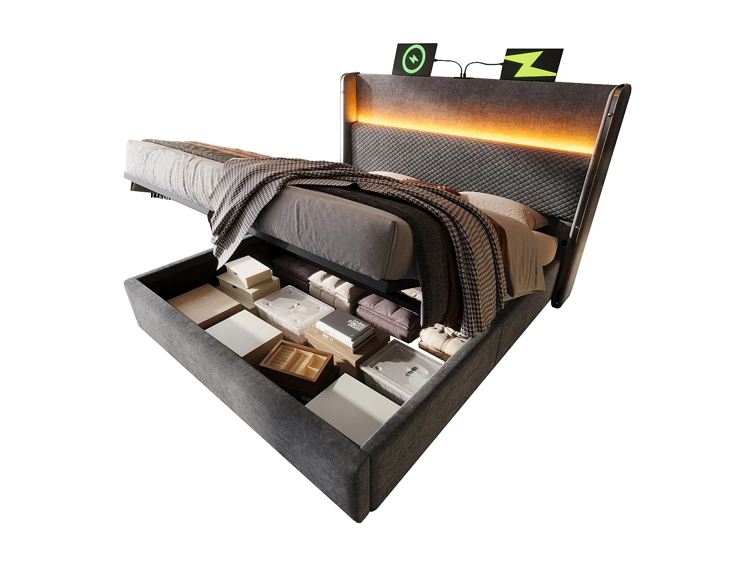 Hydraulisches Stauraumbett mit Kopfteil + LEDs und USB/Typ-C-Anschlüssen – 160 x 200 cm – Leinen – Grau