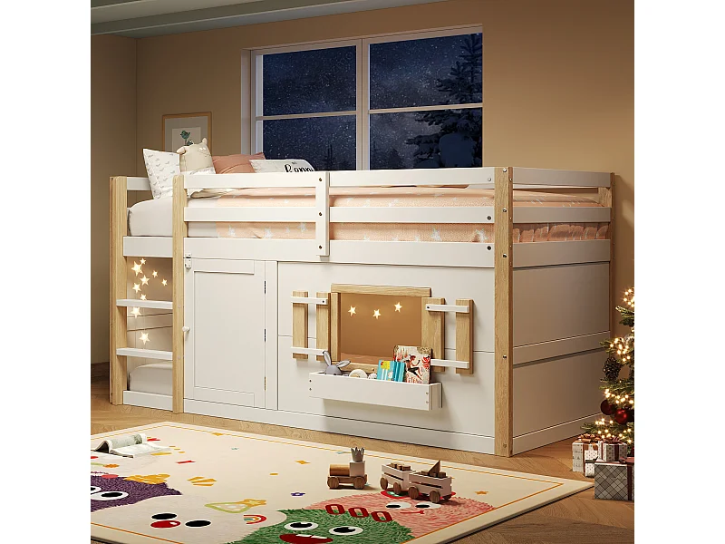 Łóżko piętrowe dla dzieci - 2 x 90 x 200 cm - z drabinką + kącik do zabawy - drewno - białe