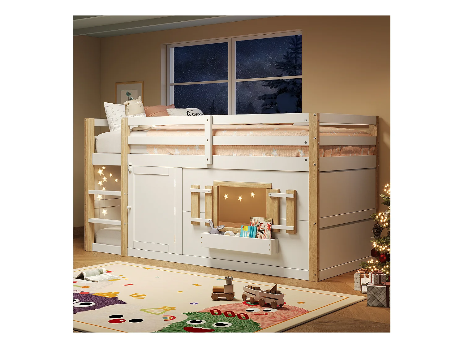 Lit superposés pour enfant - 2 x 90 x 200 cm - avec échelle + un espace de jeu - bois - blanc