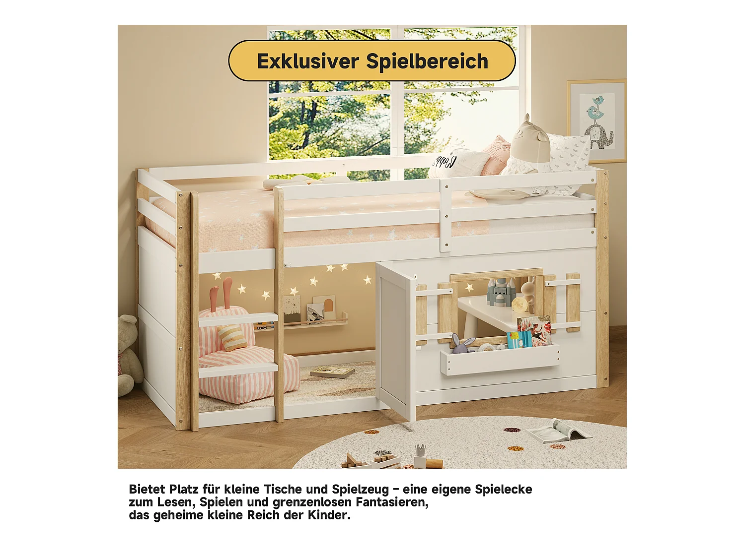 Kinder-Etagenbett - 2 x 90 x 200 cm - mit Leiter + Spielecke - Holz - weiß