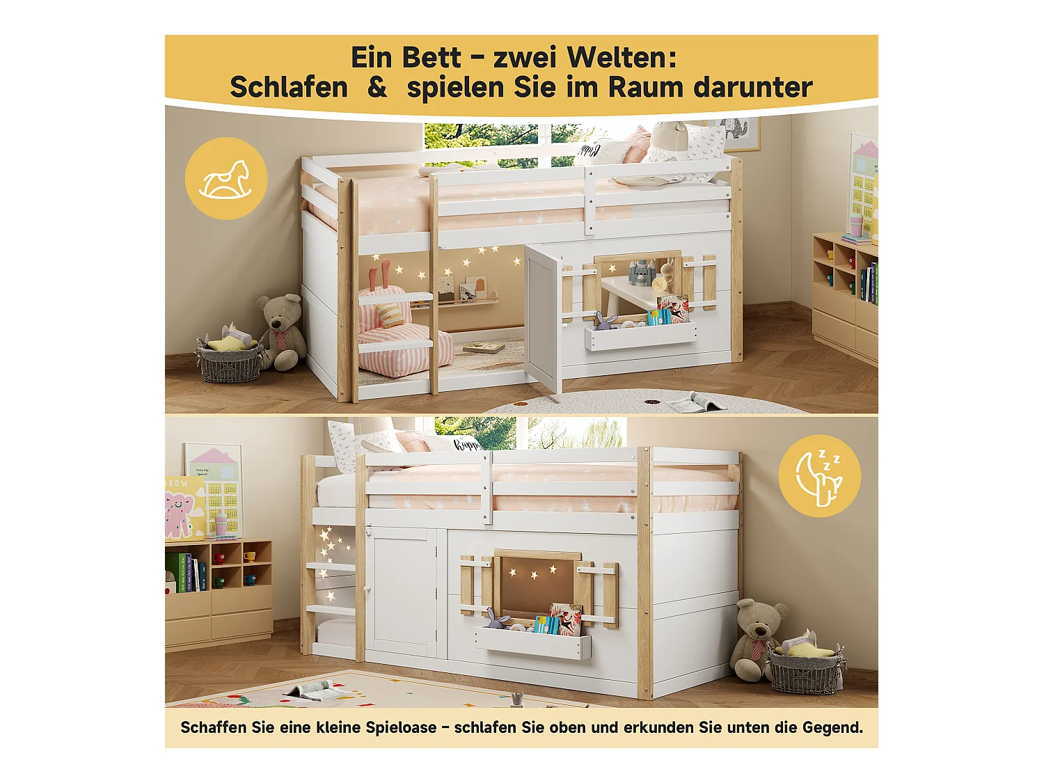 Kinder-Etagenbett - 2 x 90 x 200 cm - mit Leiter + Spielecke - Holz - weiß